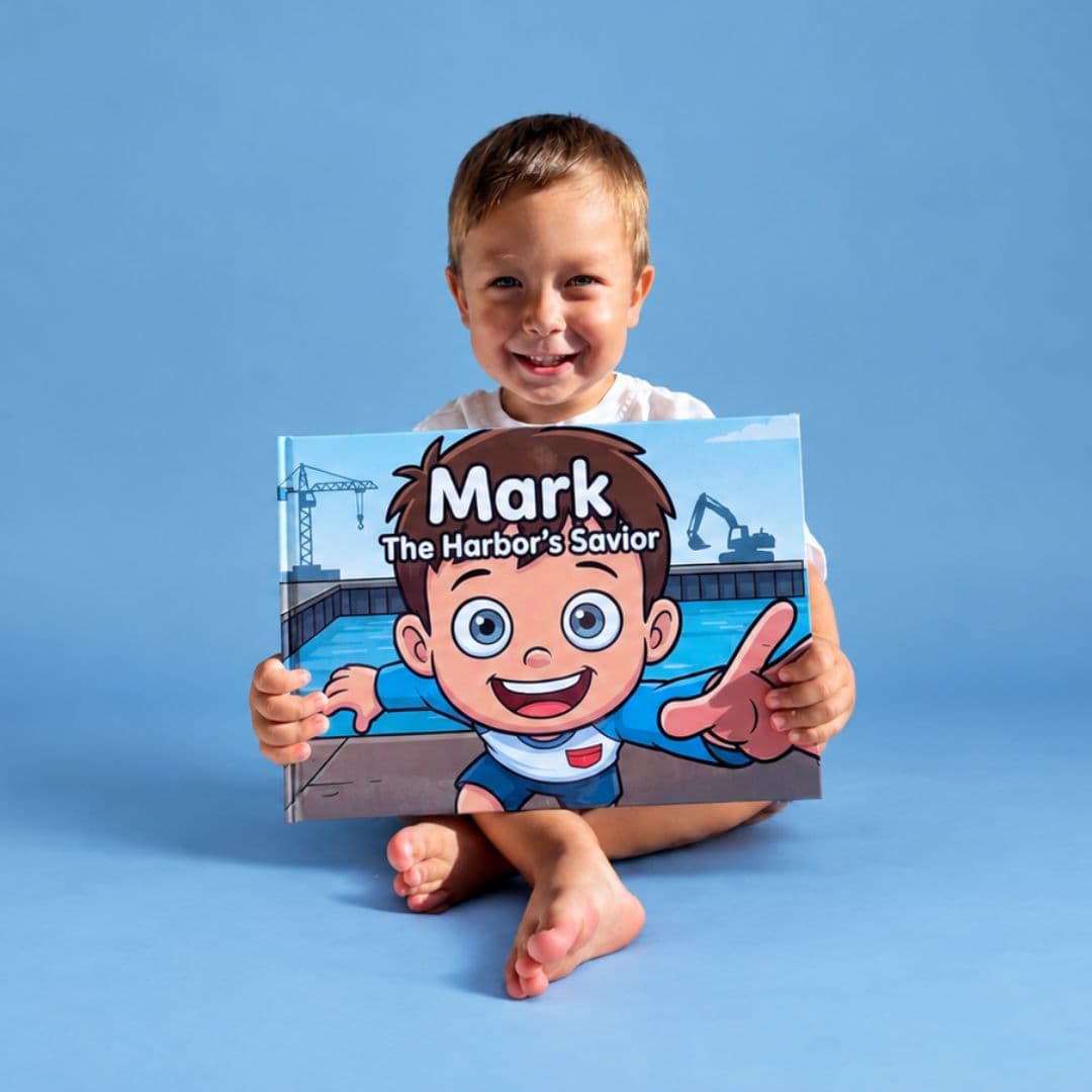 A smiling boy sitting on a blue background holding up his Stanly book, Mark: The Harbor's Savior